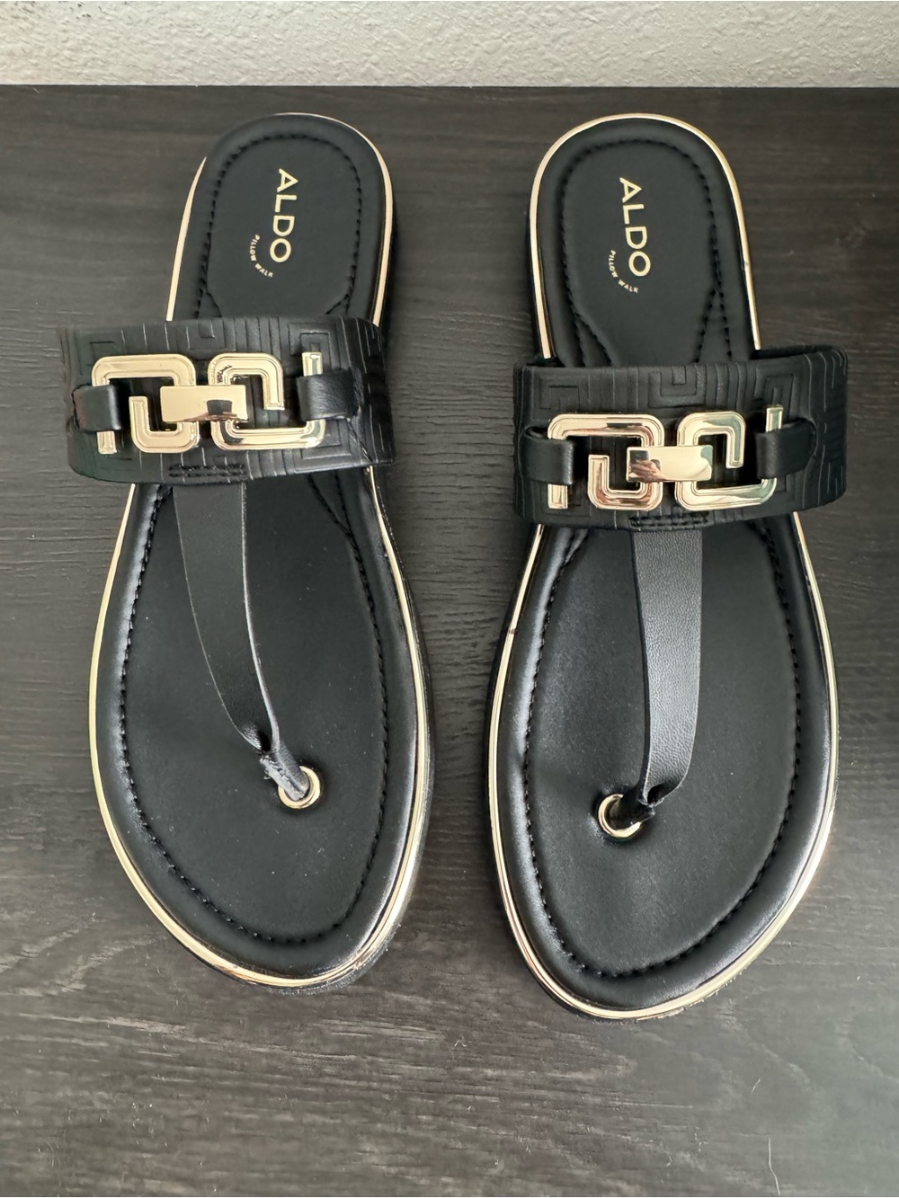 Aldo Black Thong Sandals with Gold Buckle Detail Size 10 NEW